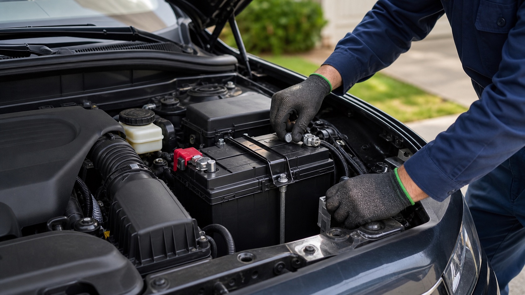 Mobile technician installing a standard 12-volt car battery at a customer location