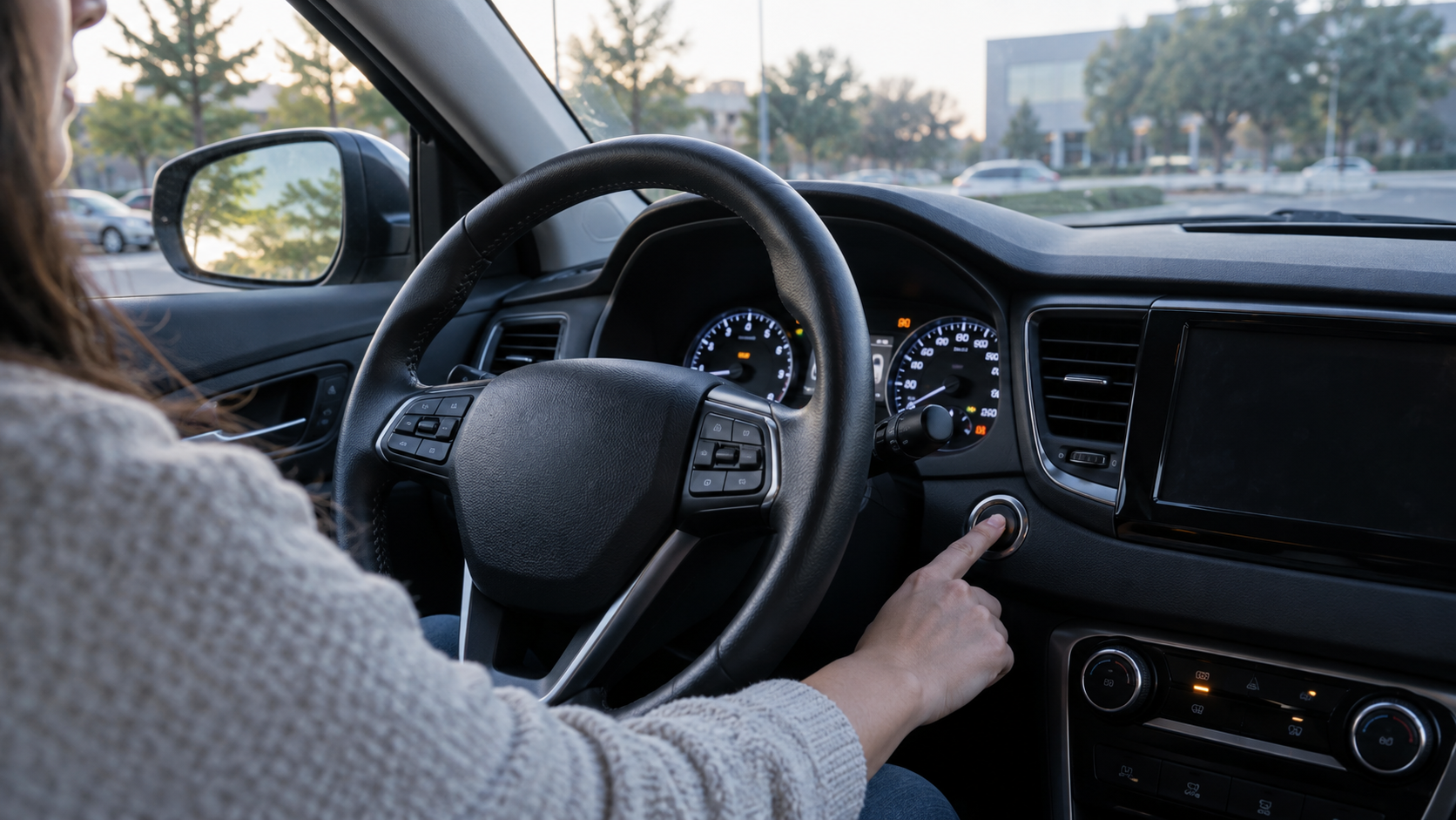 Driver pressing the start button while the dashboard lights are illuminated in a parked car