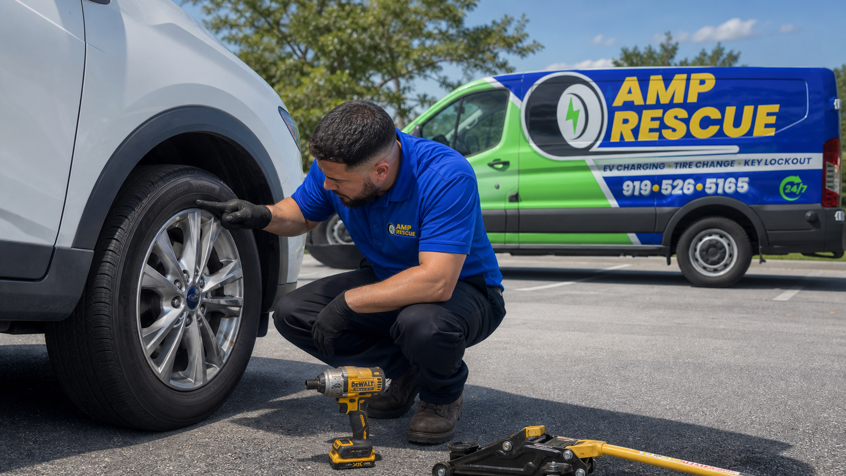 Driver reading the tire size printed on a passenger vehicle tire before requesting mobile replacement
