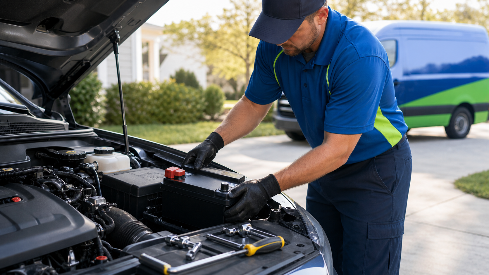 Mobile technician replacing a car battery at a customer's driveway in the NC Triangle