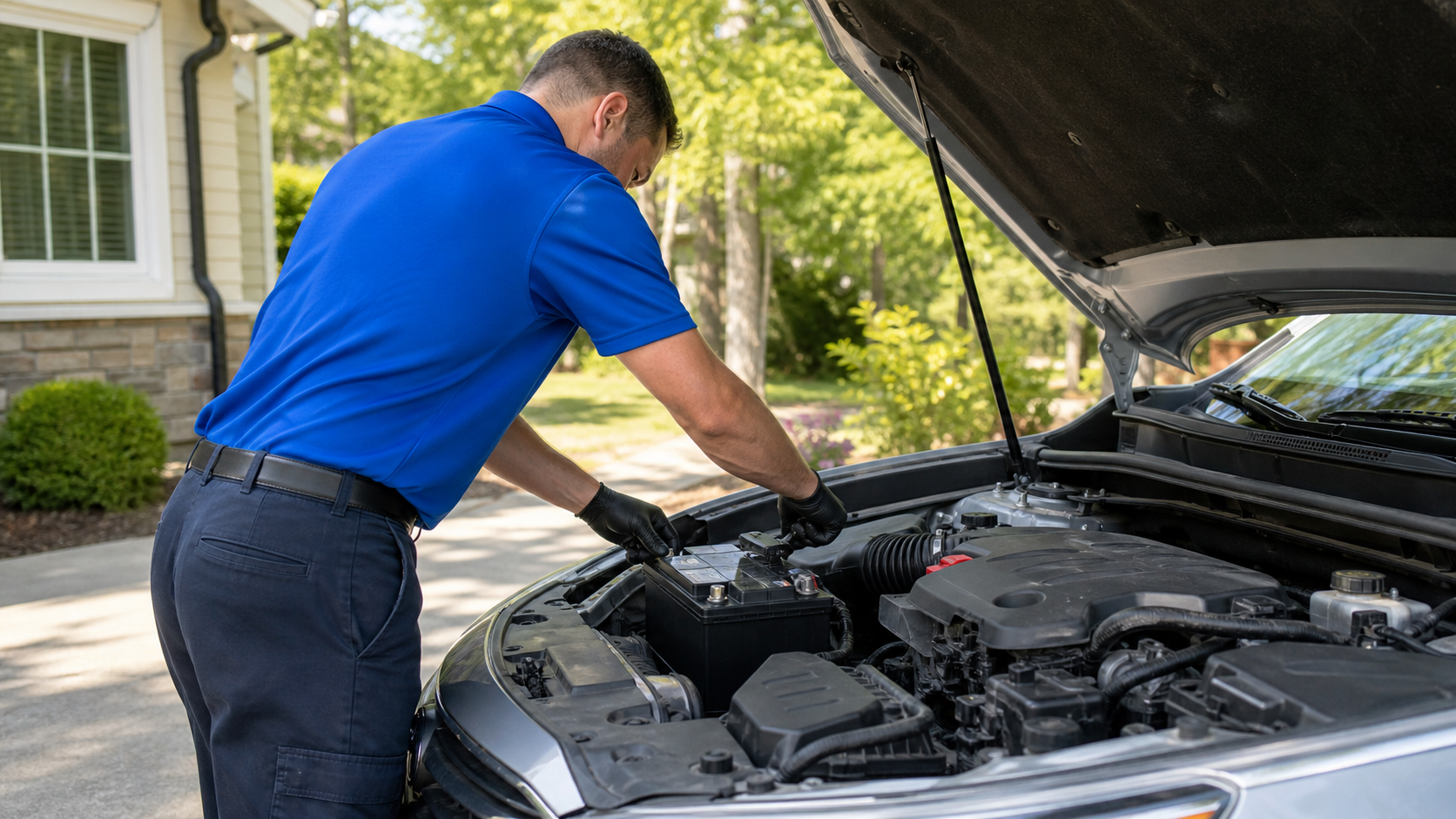 Mobile technician replacing a 12-volt car battery in a Raleigh driveway