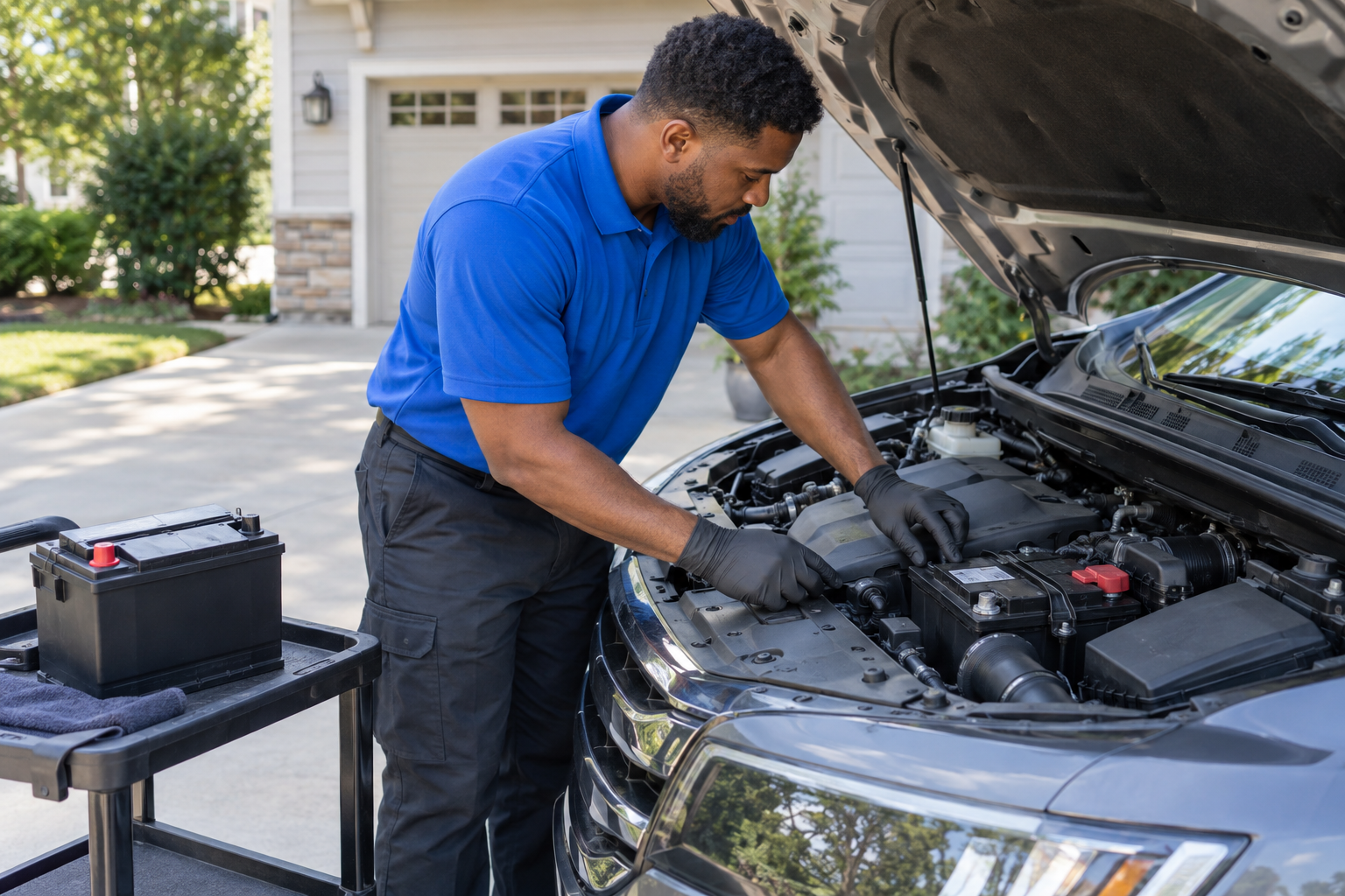 Mobile roadside technician checking a 12-volt car battery before replacement at a customer's driveway